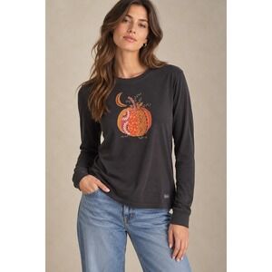 Life is Good Womens Crusher Long Sleeve T-Shirt Gray Boho Pumpkin Moon Large